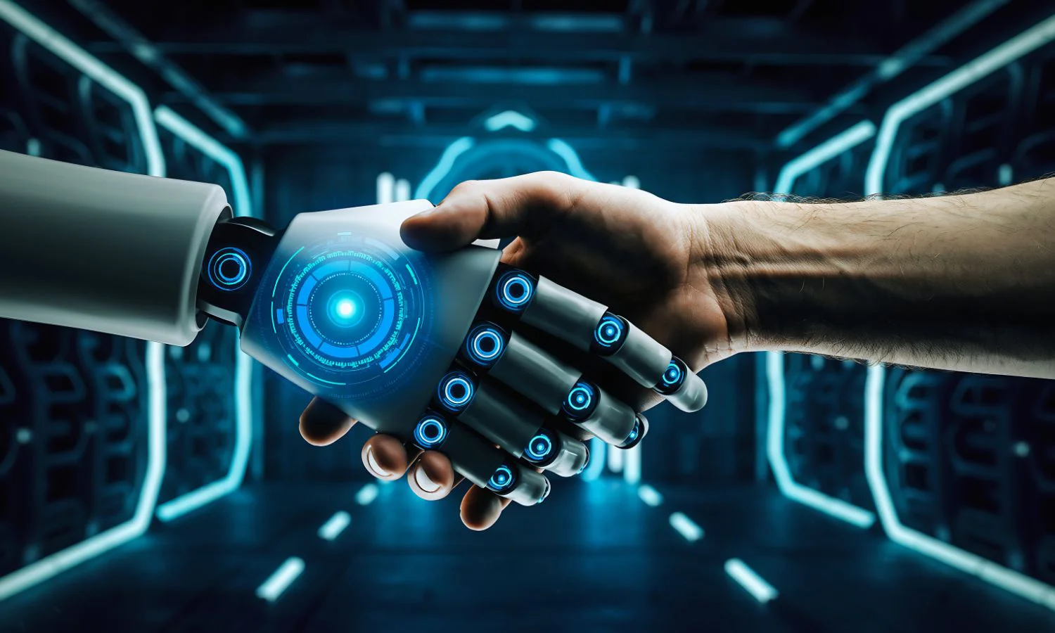 Human and AI handshake representing connected implementation