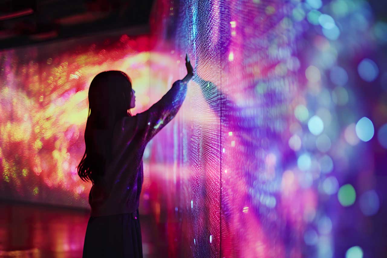 Person touching a colourful AI data wall