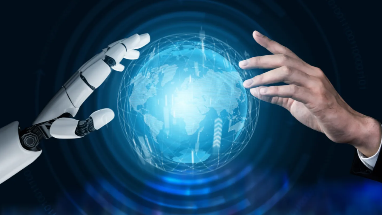 Robot hand and human hand reaching toward a digital globe