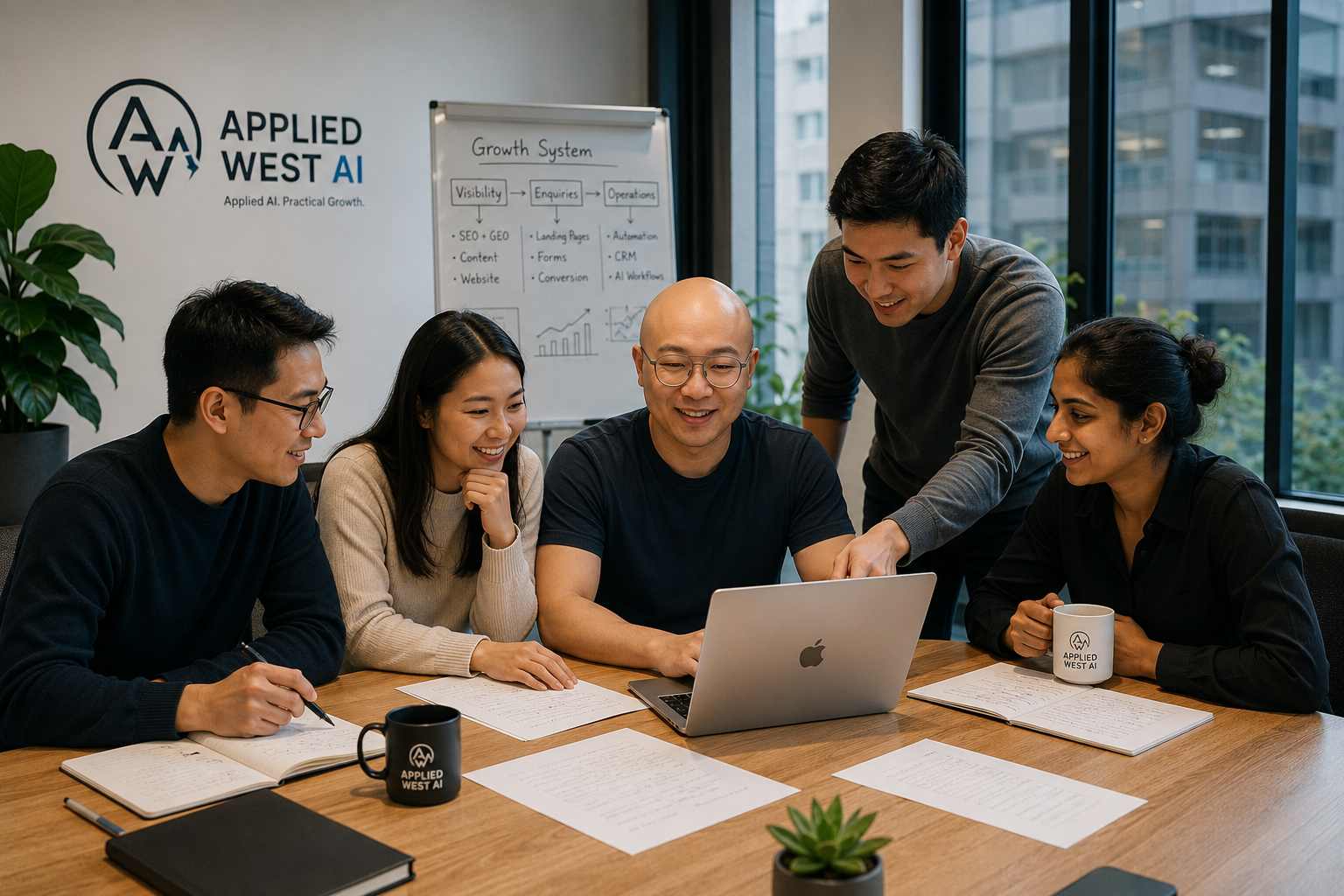 Illustrative view of the founder-led, AI-augmented delivery model used by Applied West AI.